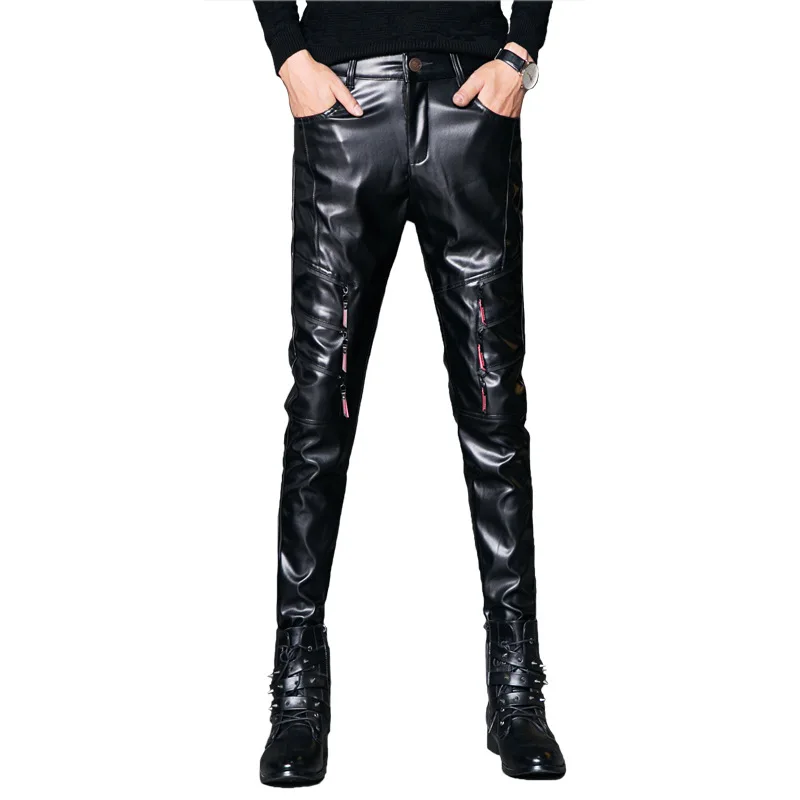 

Men Black Faux Leather Skinny Pants Stage Club Trousers Rock Hip hop Streetwear Motorcycle Biker Windproof Warm PU Leather Pants