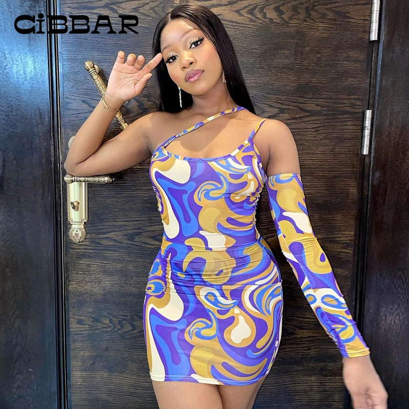 

CIBBAR One Shoulder Hollow Out Aesthetic Print Skinny Mini Dress Women Harajuku One-sleeve Sexy Backless Bodycon Dresses Fashion