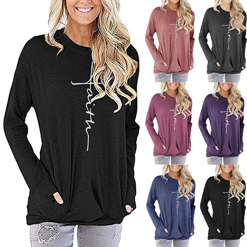 

Fall 2020Women's Clothing Winter Pullover Crew Neck T-shirt Casual Long Sleeve Print Pocket Plus Size Woman Tshirt Tops Fashion