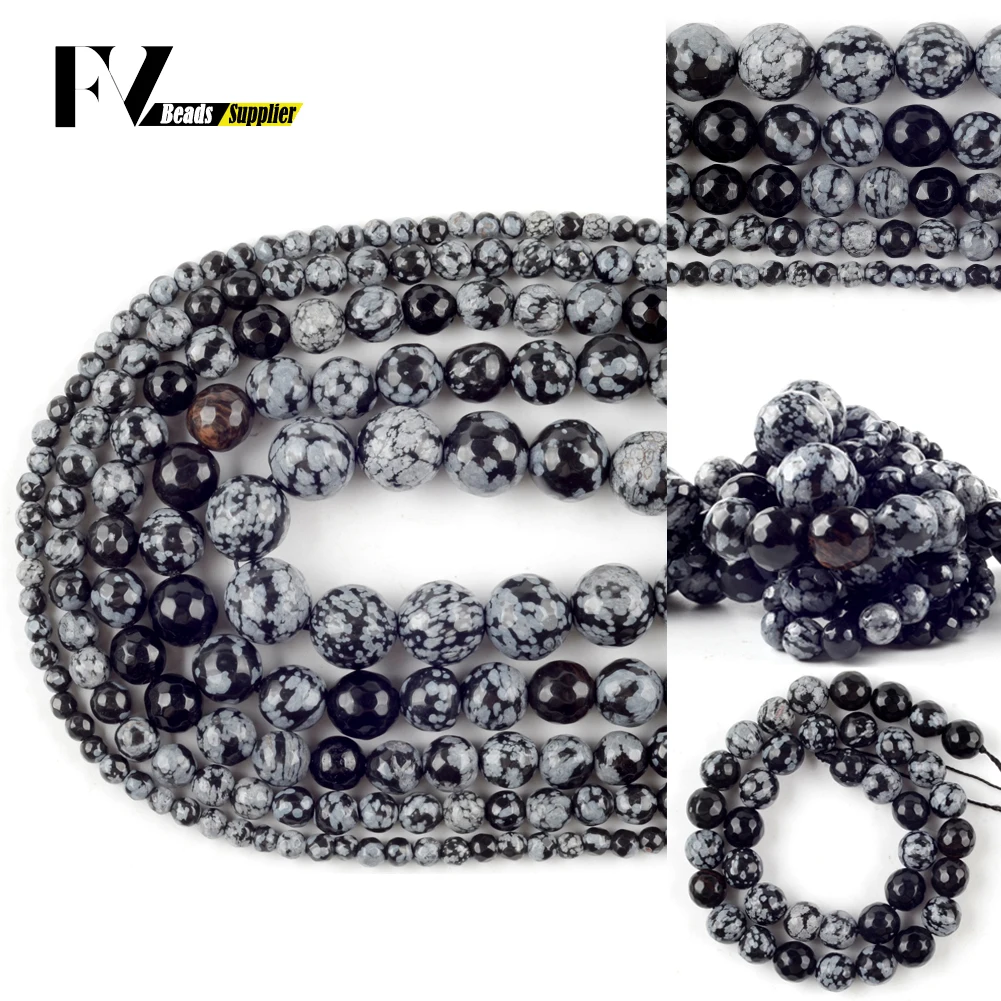 

Natural Faceted Black Snowflake Jaspers Stone Loose Spacer Round Beads For Jewelry Making DIY Bracelets Necklace Needlework 15”