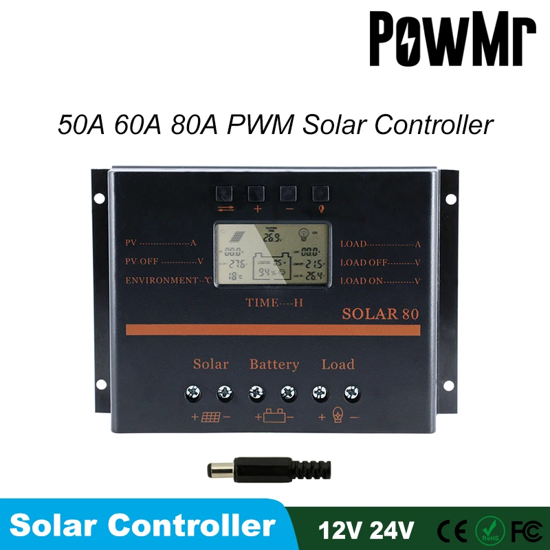 

Контроллер солнечной зарядки PowMr 50A 60A 80A PWM, 12 В 24 в ЖК-дисплей, PV батарея с 5 в USB, регулятор солнечной зарядки 1920 Вт S60 S80