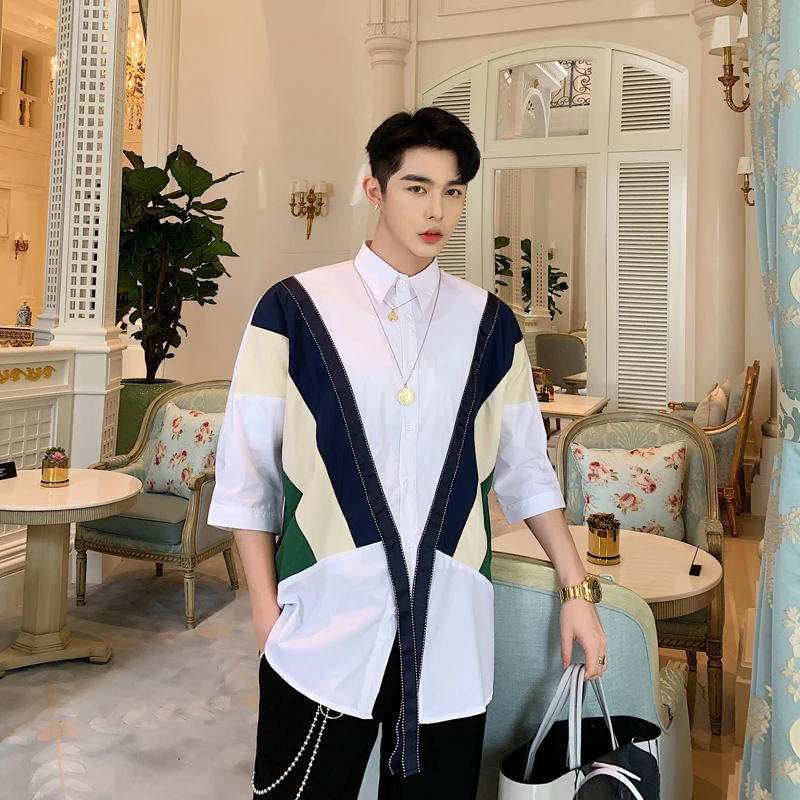 

Летняя дизайнерская Альтернативная накидка Лоскутная семиминутная рубашка с рукавом индивидуальная трендовая Свободная рубашка мужская