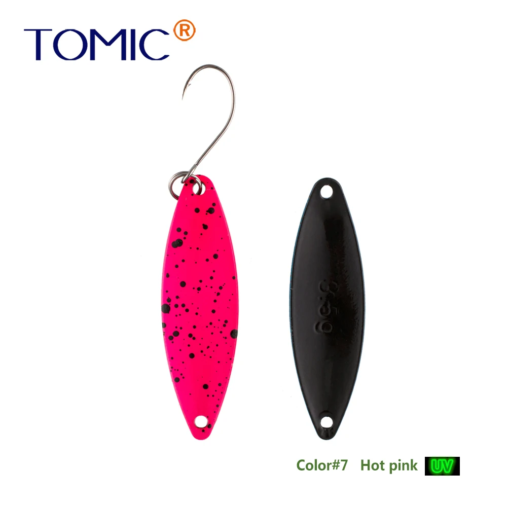 Tomic 1 шт. 1,6 г 2,7 г 3,5 г микро узкие латунные металлические ложки УФ сверкающие цвета окунь форель области один крючок рыболовные приманки Pesca - Цвет: hot pink