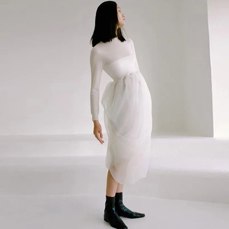 

DEAT Women Black Patchwork Gauze High Waist Dress New Round Neck Knitted Long Sleeve Slim Fit Fashion Tide Summer 2021 7D7397