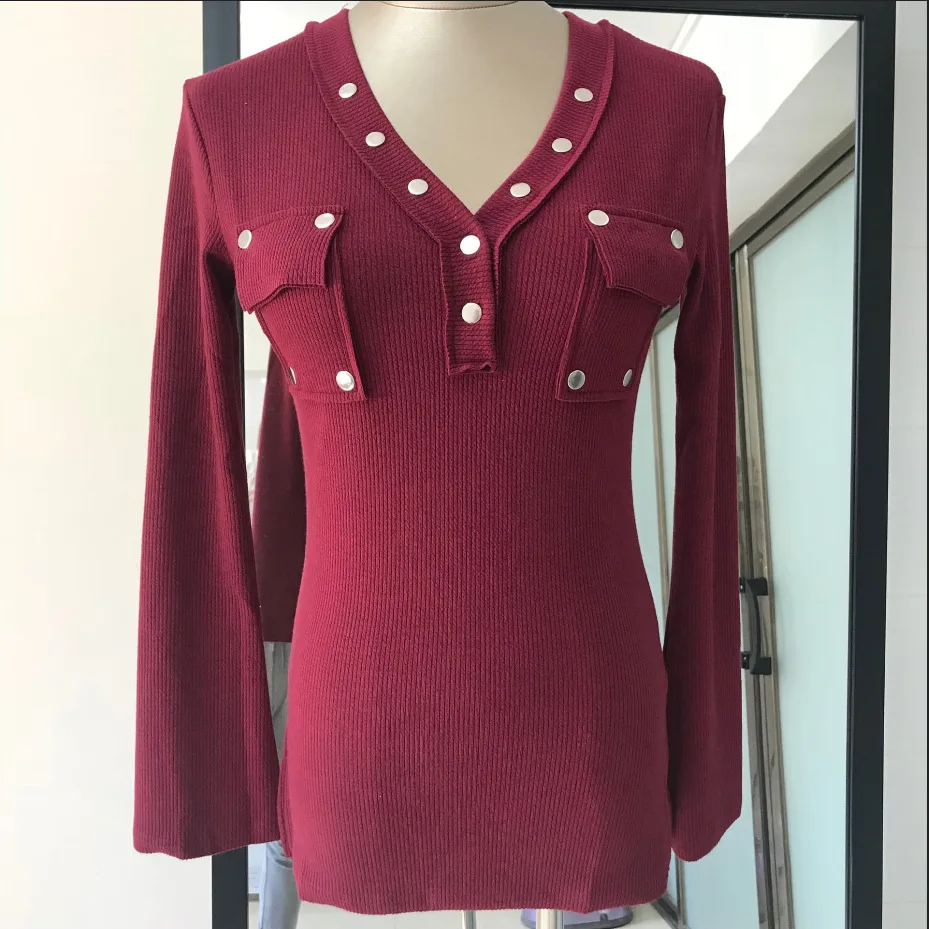 

Europe Autumn New Korean Style Fashion All-match Casual Slim Fit Long Sleeve V-neck T-shirt Top Women's Spring Tide 2B8I