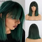 Парики LOUIS FERRE для женщин из синтетических волос средней длины с эффектом омбре, черные, темно-зеленые, прямые, для косплея, с челкой, термостойкие