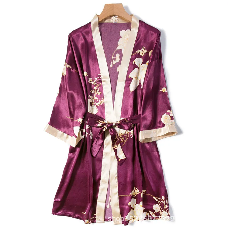 Faux Silk Sleepwear Women Kimono Bathrobe Gown Print Flower 2PCS Robe Set Nightgown Soft Intimate Lingerie Home Dressing Gown