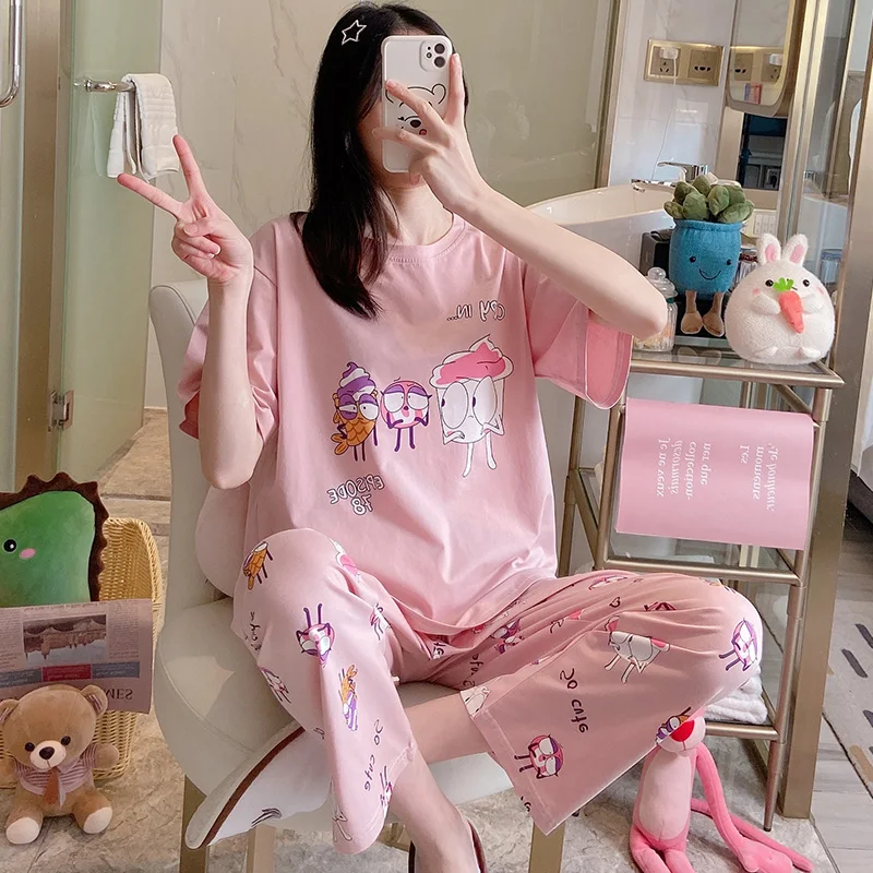 Short Sleeved Pants Women's Sleepwear Female Summer Korean-style Thin Pure Cotton Two-Piece Suit Cute Ice Cream Spring and