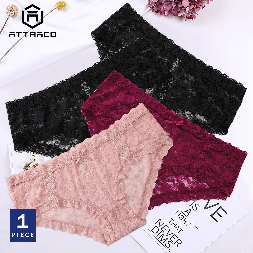 

ATTRACO Underwear Panties Briefs 1 PCS Women's Thong Lace String Tanga Soft Basic Solid Black Red Pink Plus Size