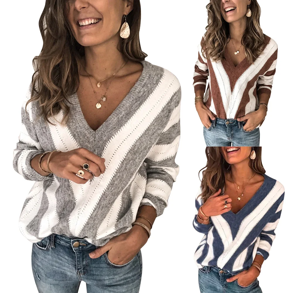 Женский свитер в полоску с v-образным вырезом сексуальный джемпер длинными