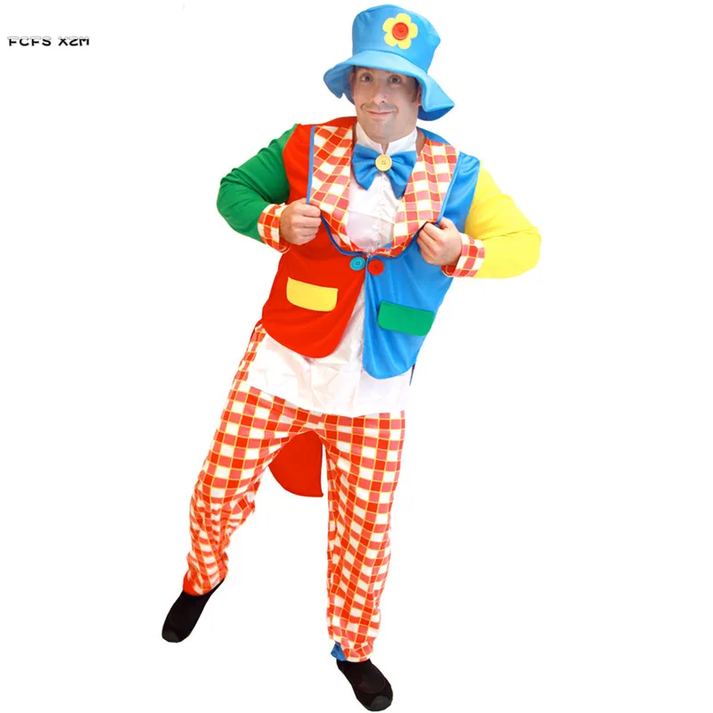 

Funny Men Halloween Joker Costumes Adult Droll circus clown Cosplay Carnival Purim parade Masquerade Stage play Bar Party dress