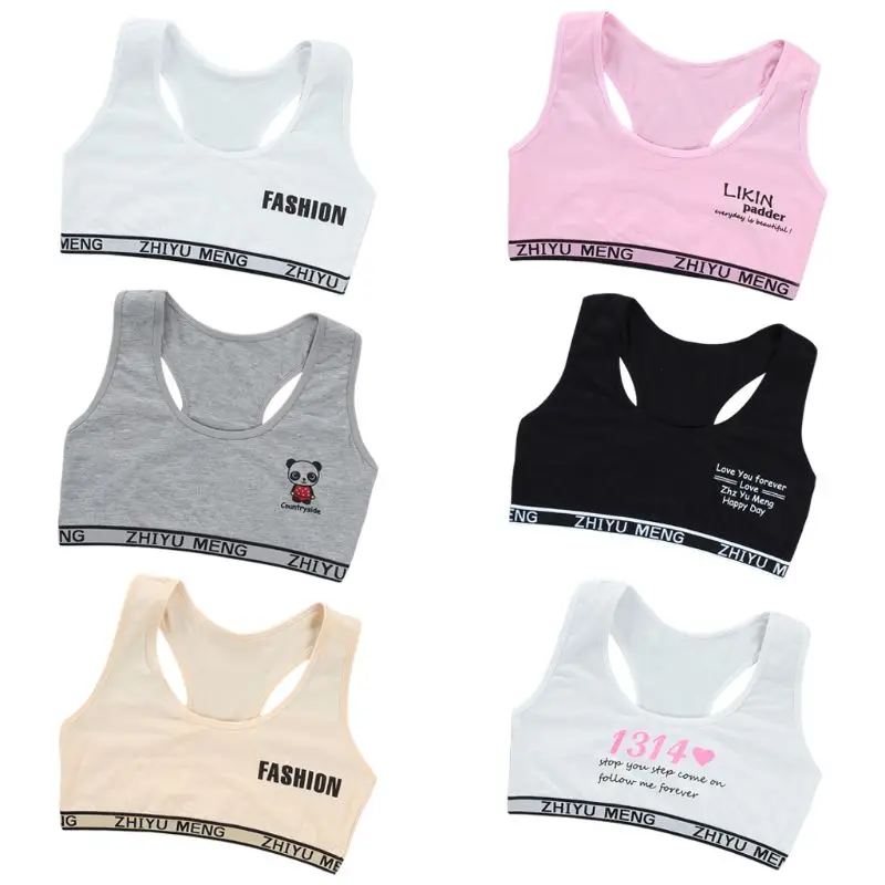 

Junior Girl Racerback Cotton Sport Training Bra Letter Print Solid Color Wide Strap Underwear Bralette Seamless Layered Crop Top