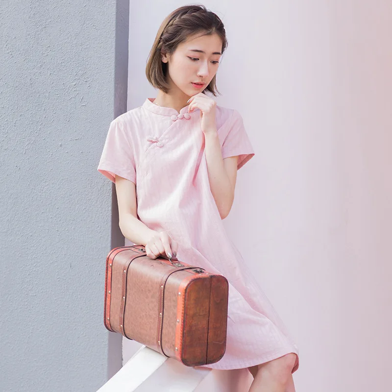 Spot new poetic 2018 summer show thin cotton loose medium long improved qipao dress woman with short sleeves | Женская одежда