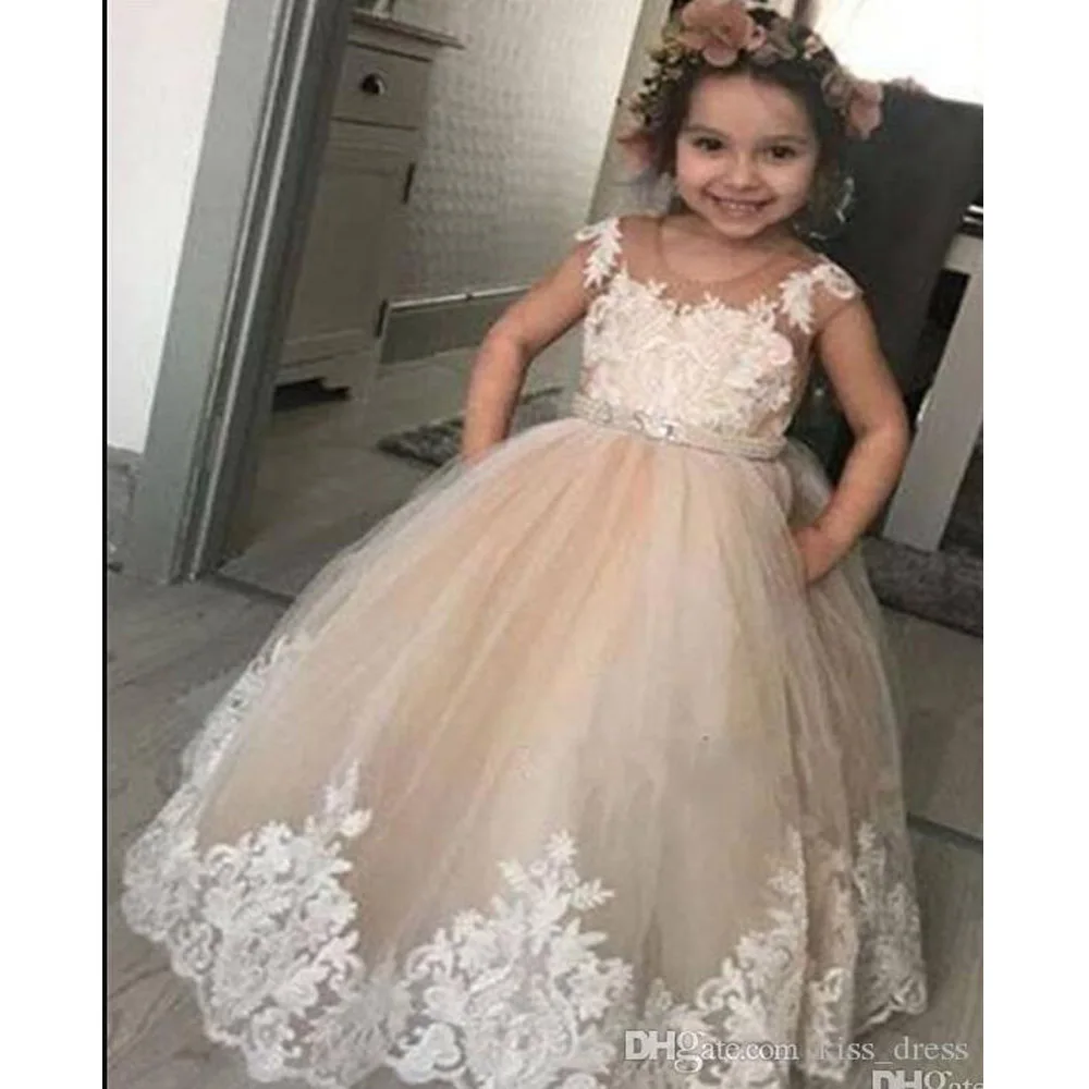 

Champagne Lace Flower Girl Dresses Tutu Skirt Weddings Princess Tulle Lace Beaded Sash Kids Floor Length Girls 'Pageant Gowns