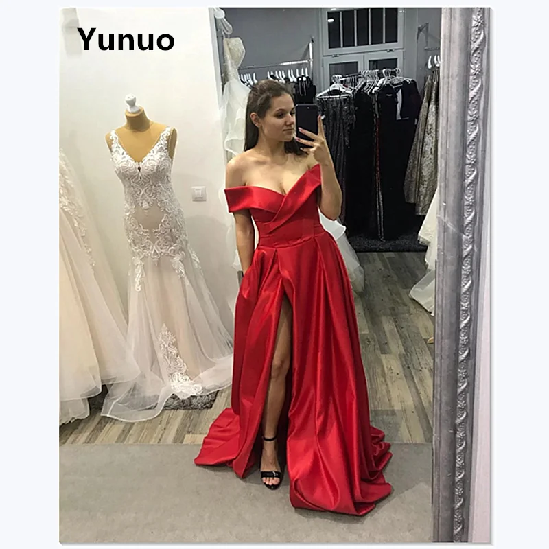 Elegant Vestidos De Fiestas Off The Shoulder Evening Gowns With Side Slit A Line Sweep Train Prom Party Dresses Custom Made | Свадьбы и