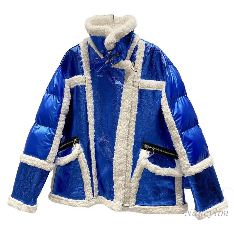 

Bright Surface Lamb Fur Liner Cotton-Padded Parka Women Winter New Lapel Patchwork Stand Collar Jacket Warm Plush Thick Coat Top