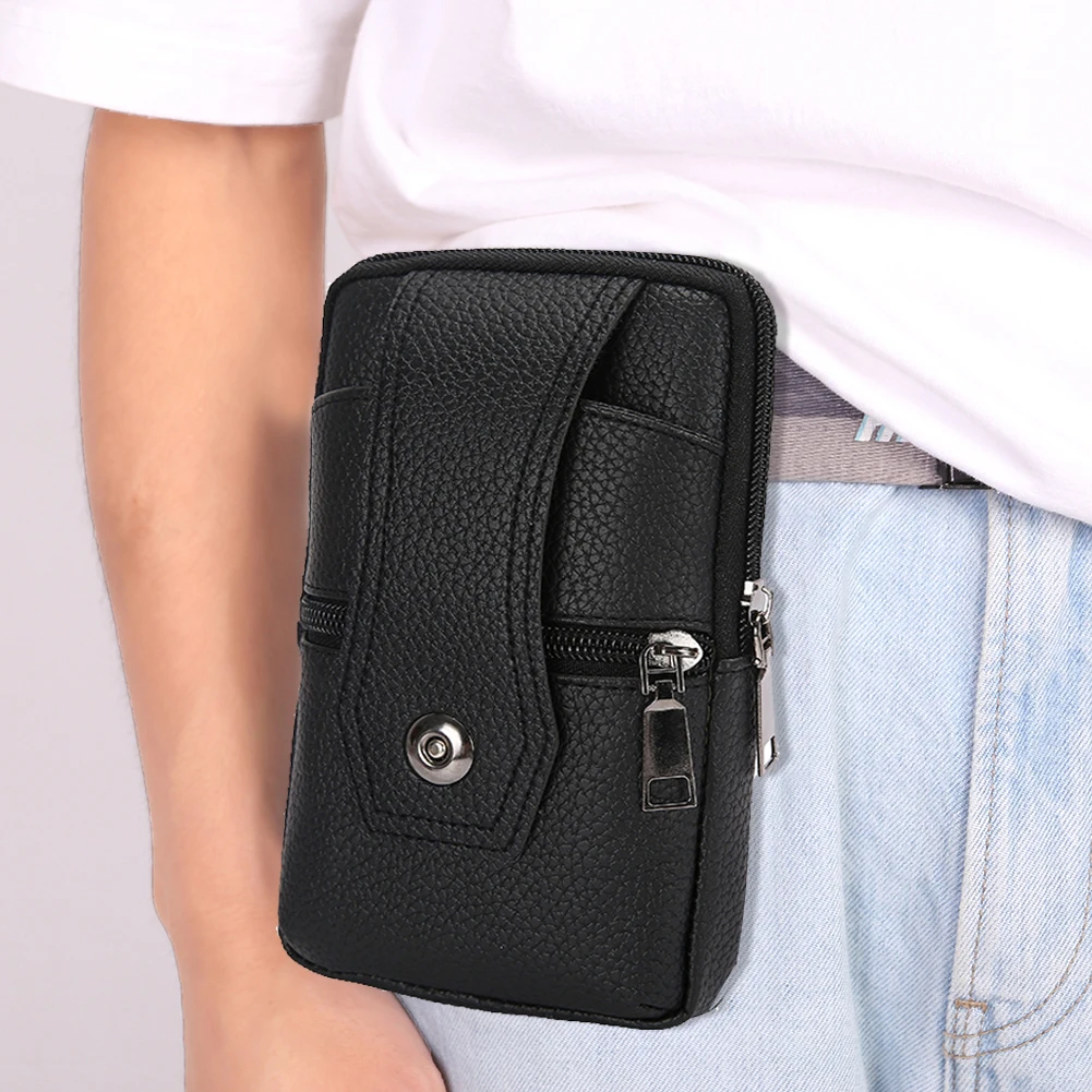

Vintage Men Solid Color Soft PU Leather Waist Bag Casual Male Small Wallet Mobile Phone Pouch Bags Multi Layer Coin Purses