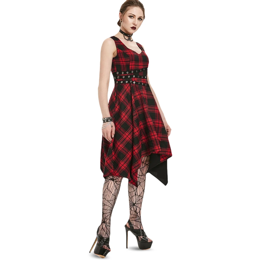 S 2XL готическое женское платье на бретелях милое асимметричное клетчатое с