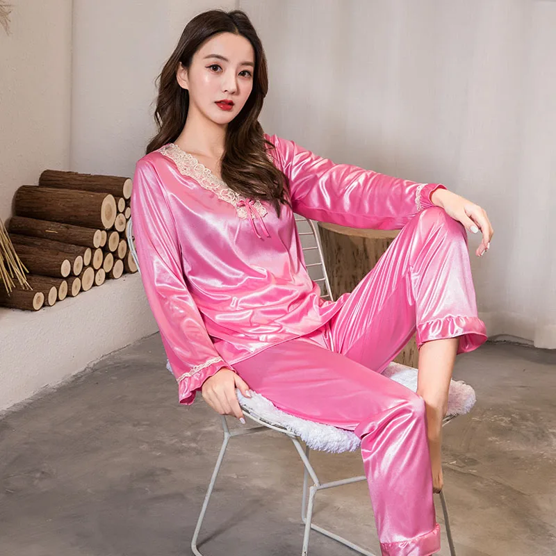 Пижама WAVMIT Женская с длинным рукавом Шелковый комплект из 2 предметов одежда для