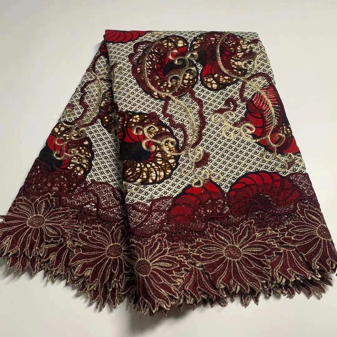 

African Wax Print With Lace High Quality Embroided African Wax and Lace Fabric 100% Cotton Nigeria Guipure Wax and Lace