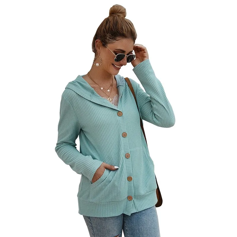 

Women's Knitted Sweatshirt 2019 Autumn/winter Long-sleeved Solid Color Zip-up Waffle Hooded Women Sweatshirt