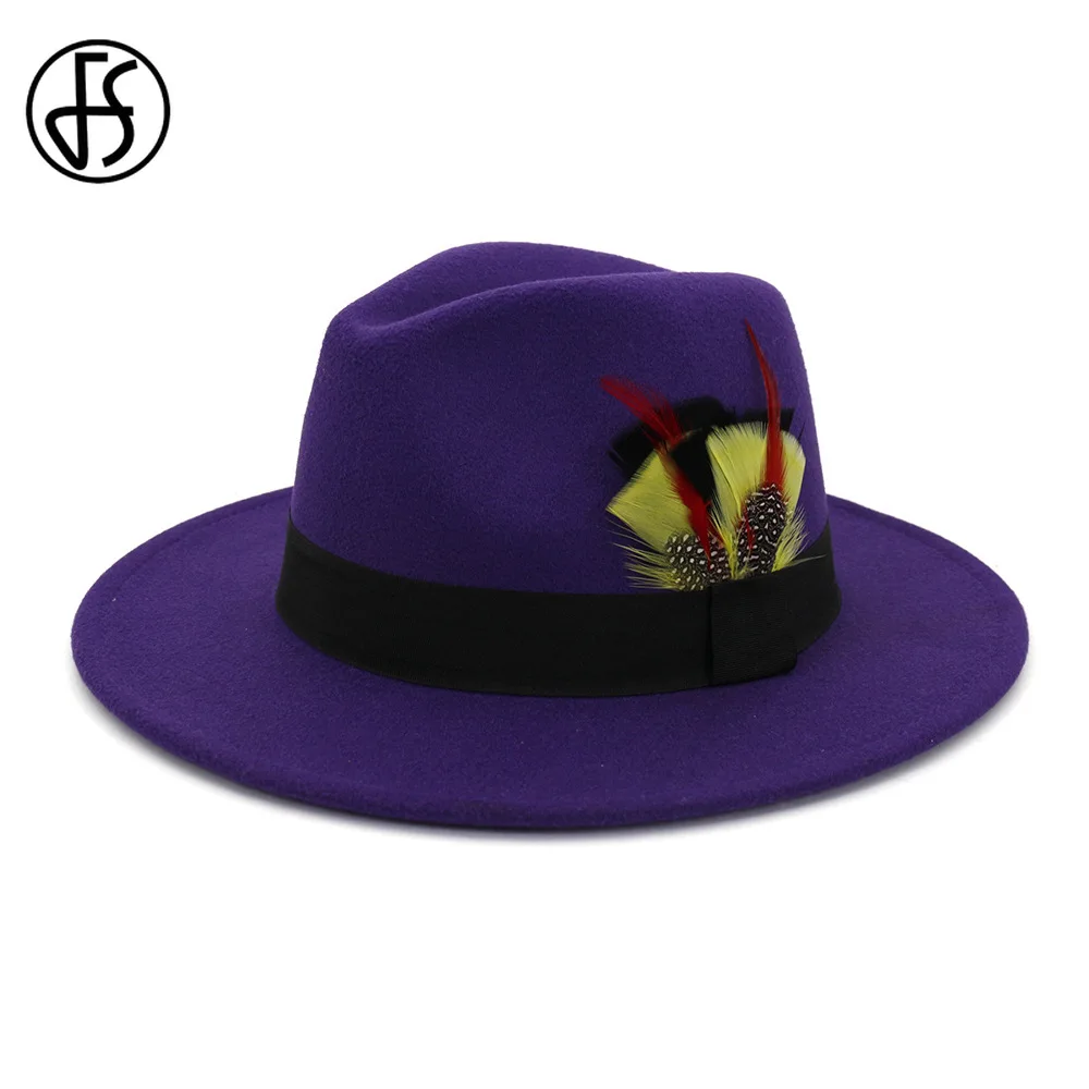 FS Винтаж перо фетровая шляпа в стиле джаз для Для женщин мужчин с широкими полями