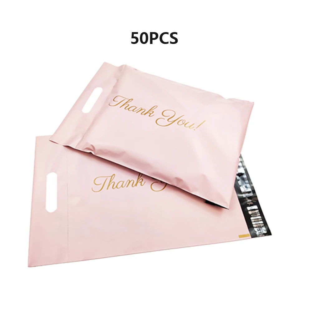 

50pcs/pack Self Seal Courier Bag Thank You Portable Thickened Express Mailing Tote Solid For Deliveries With Handle Adhesive