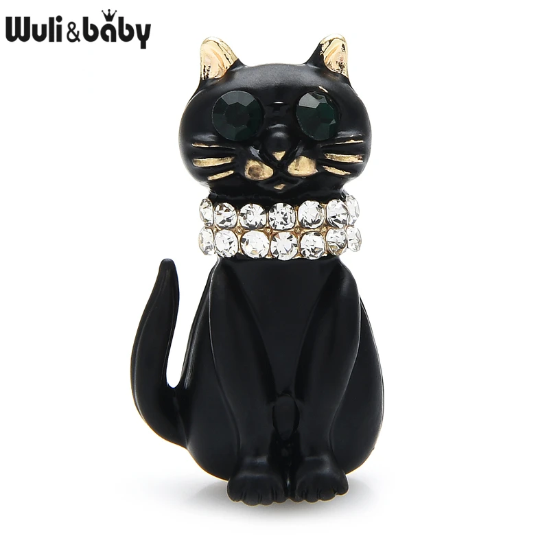 Wuli &amp baby черные эмалевые броши-кошки для женщин унисекс милые стразы сидящие