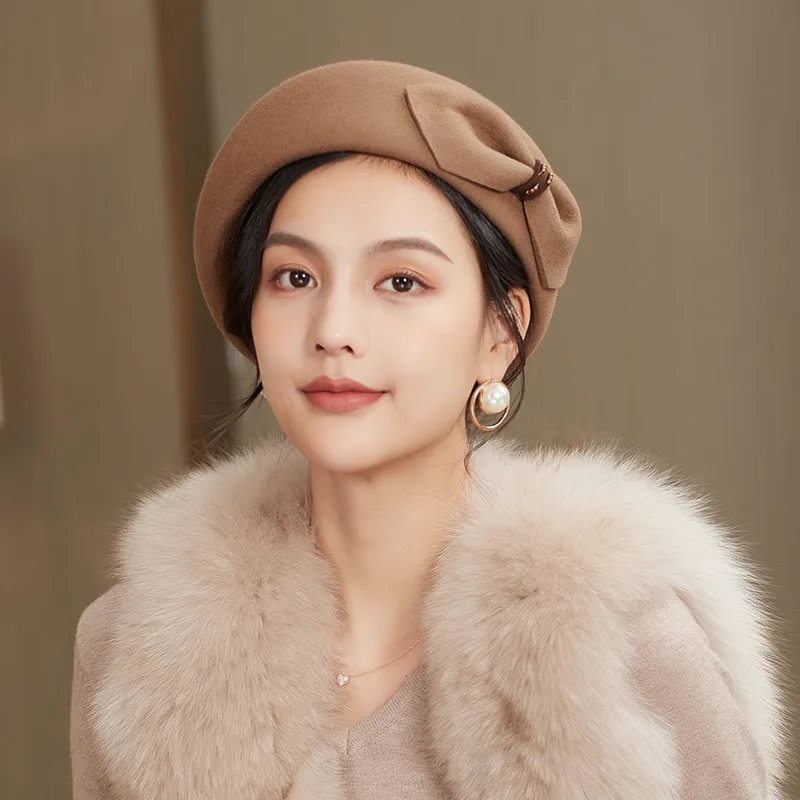 

Детская шапка Новинка Осень-зима 2021 корейский женский шерстяной головной убор теплый берет с большим бантом женская Рыболовная Шапка