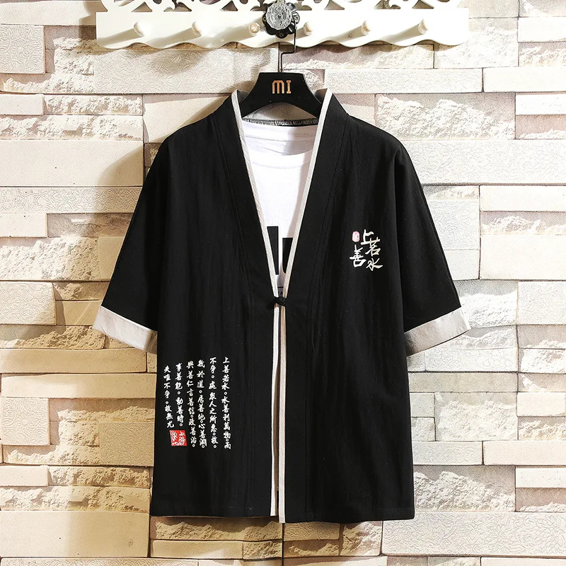 

#4231 Black Khaki White Blue Cotton Linen Jacket Mene Short Sleeve Summer Thin Vintage Hanfu Coat Single Button Kimono Outerwear