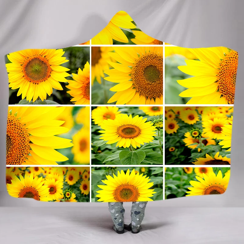 

Floral Pattern Hooded Blanket for Adults Sunflower Sherpa Fleece Wearable Plush Throw Blanket On Bed Sofa Thick Warm