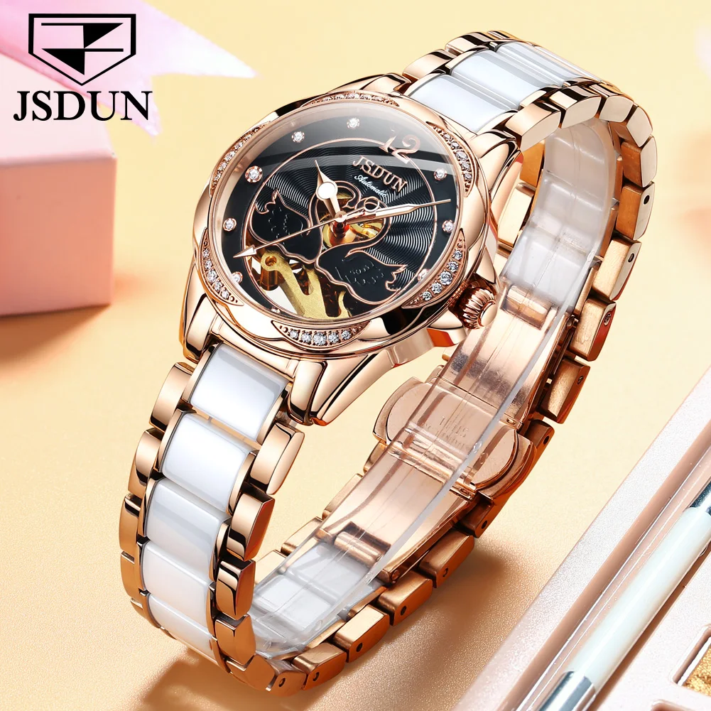 JSDUN 2021 Ladies Brand Watch Automatic Mechanical Ceramic Strap Hollow Fashion Mechanical Waterproof Luxury Ladies Watch 8831 enlarge