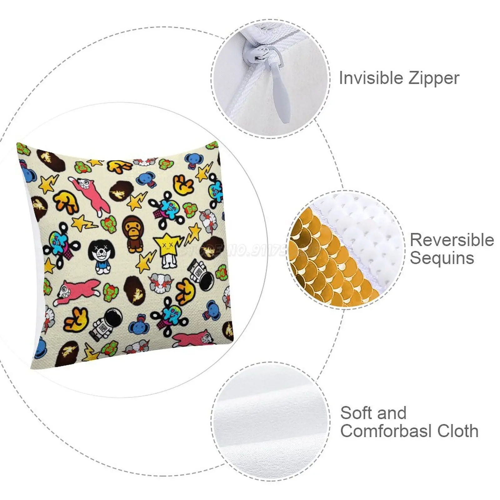 Чехол с блестками и коллажем для подушки диванной 40 см x милый модный
