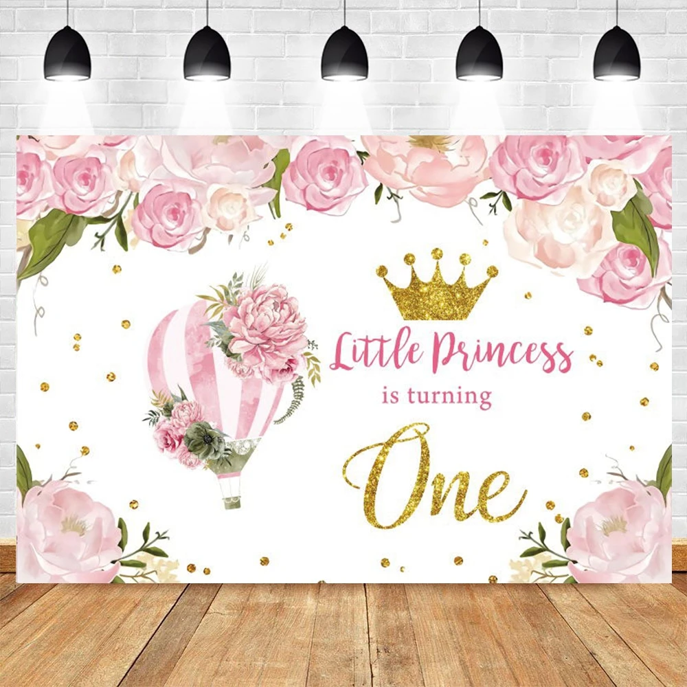 

Pink Flower Hot Air Balloon Newborn Baby Princess 1st Birthday Backdrop Photography Photographic Background Photozone Banner