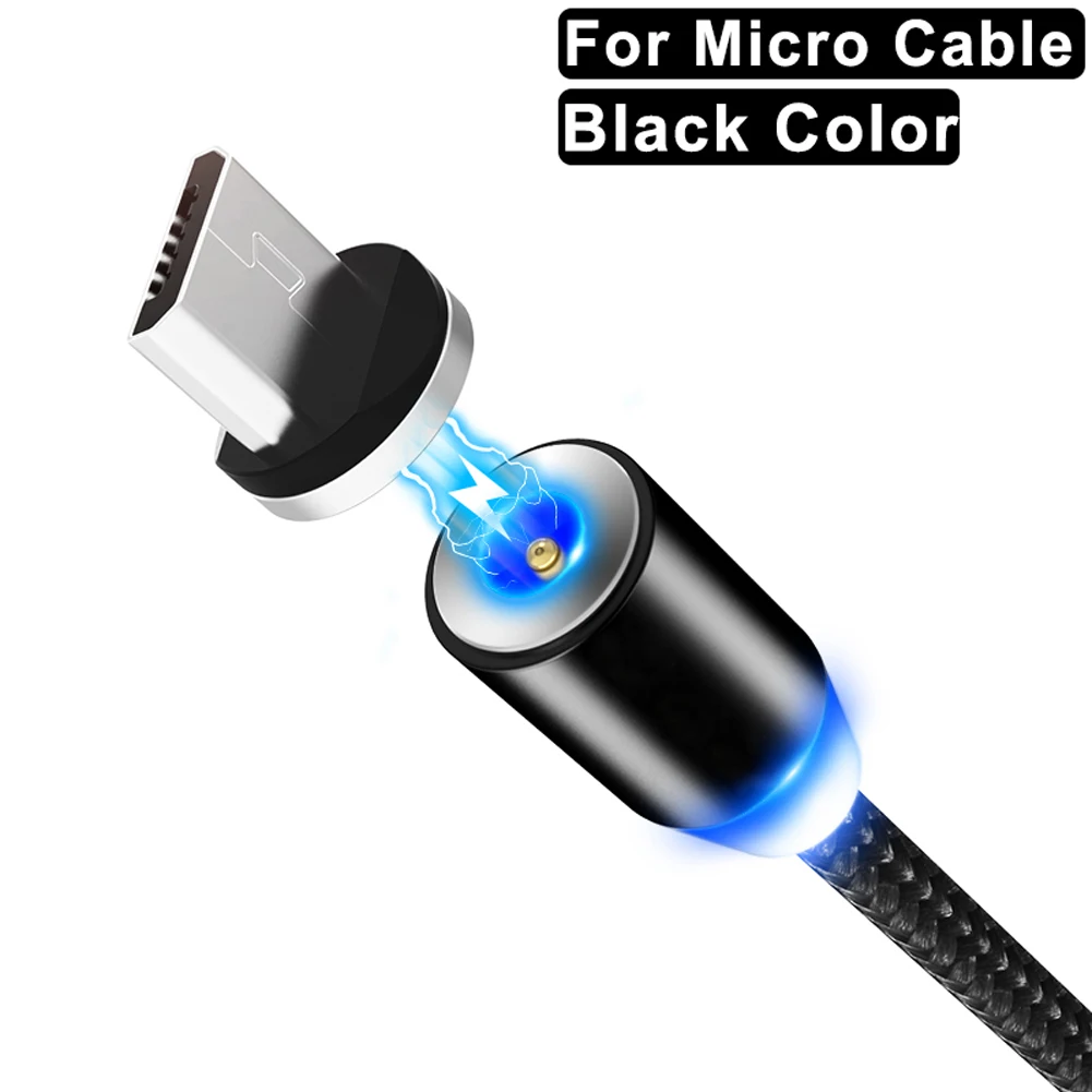 Black For Micro USB Jetjoy 360 ° Вращающийся Круглый Сильный магнитный светодиодный кабель Micro USB type C для быстрой зарядки нейлоновый Плетеный зарядный кабель для Android iPhone huawei - Цвет: Black For Micro USB