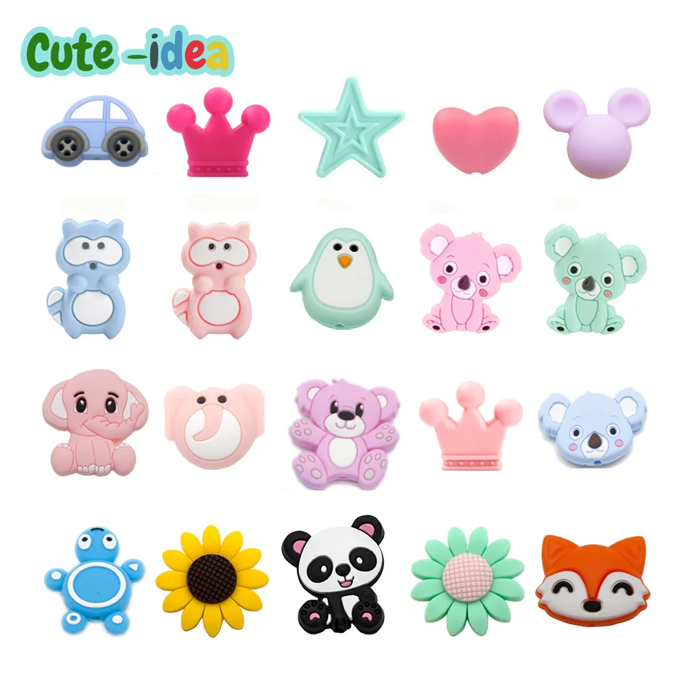 

Cute-idea 10pcs Baby Teething Cartoon Chewy Silicone DIY Crafts Pacifier Clips Chain For Pendant BPA Free Teether Beads Baby Toy