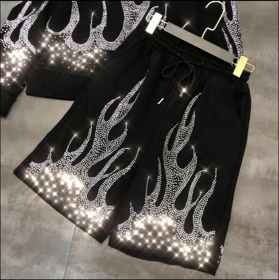 New Fashion Autumn Water-drill Flame Hooded Coat Loose Hoodies + Drawstring Hot-drill Shorts Two Piece Female Leisure Sport Suit | Женская