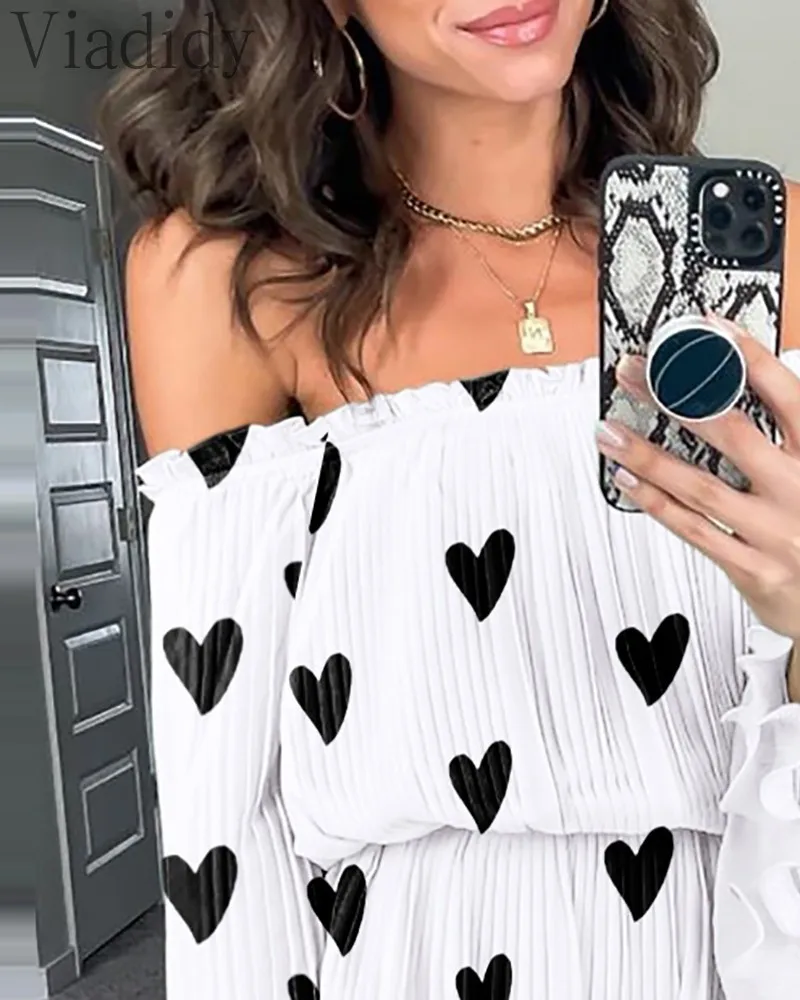 

Women Slash Neck Print Off Shoulder Bell Sleeve Ruffles Design Dress