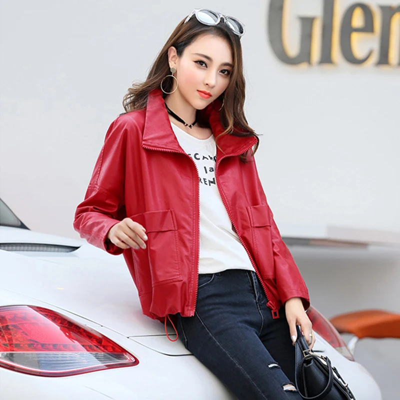 Женская мотоциклетная куртка из искусственной кожи черная красная на молнии с