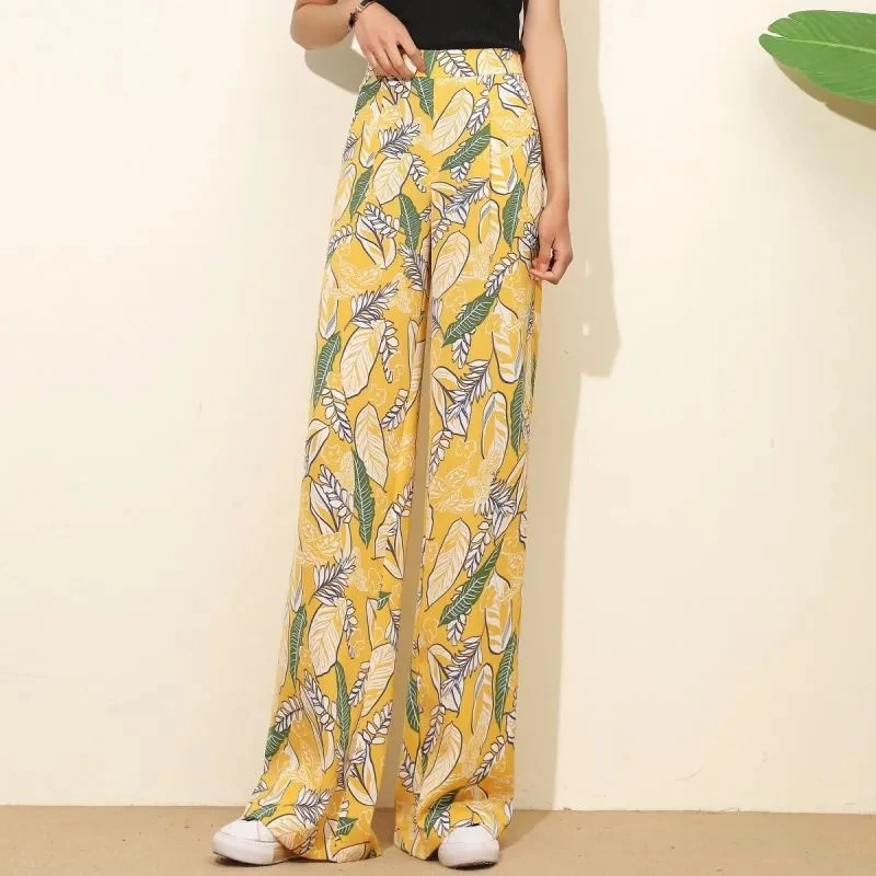 

Брюки женские шифоновые с цветочным принтом, широкие брюки с эластичной завышенной талией, пляжные винтажные тонкие прямые штаны, лето 2021