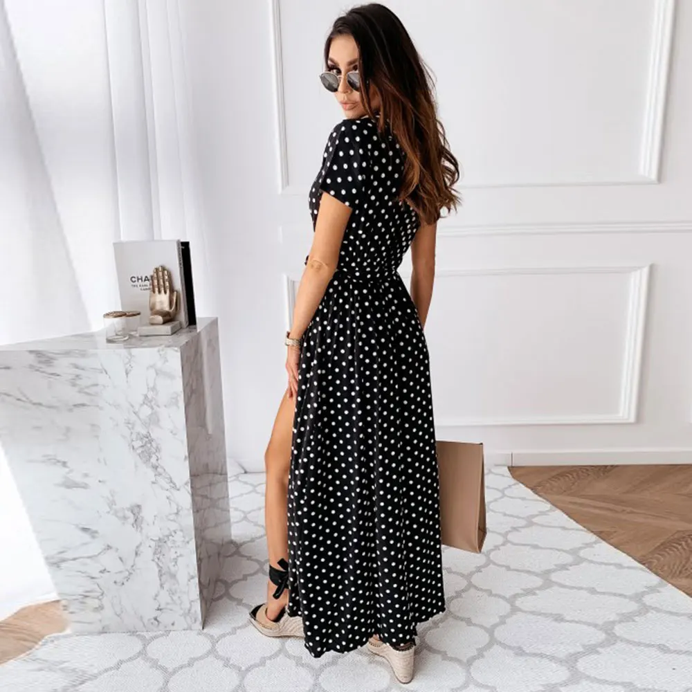 Женское длинное платье в горошек летнее Повседневное стиле бохо с v образным