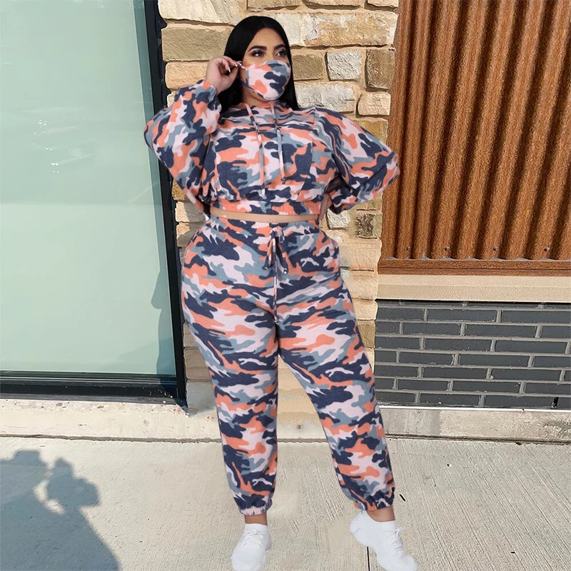 

HAOOHU Plus Size Sets Womens Outfits Fall Long Sleeve Hoodies Two Piece Pants Camouflage Loungewear Tracksuit Sport Set Clothes