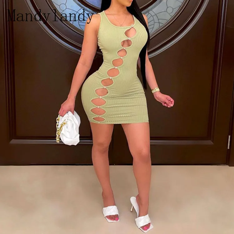 

Mandylandy Dress Summer Sexy Slim Sleeveless O-Neck Dress Women's Casual Solid Color High Waist Hollow Out Dress