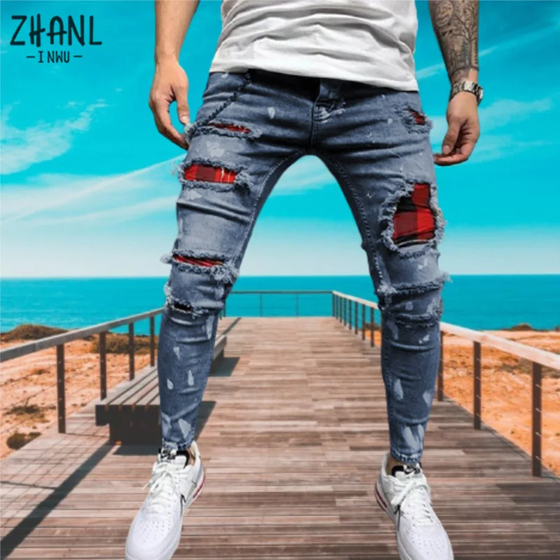 Men's Paint Ripped jeans Skinny Jeans Sexy Hole Grid Stretch Denim Pants Casual MAN Elastic Waist Patchwork Jogging Trousers