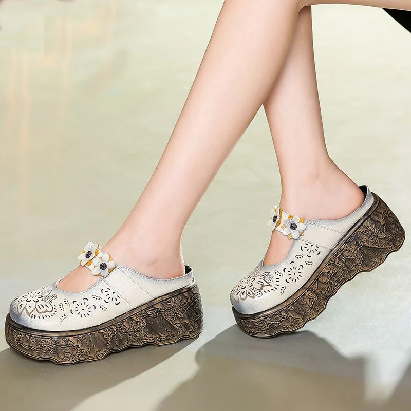 

TIMETANGOriginal Retro Sandals Summer Genuine Leather Handmade Shoes Slides Thongs Platform Clogs For Women Wedges Shoes