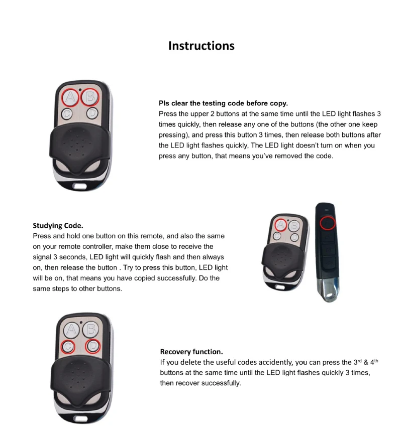 

Garage command opener 433MHZ cloning fixed learning code cloning remote control duplicator cloning, used for garage doors, etc.