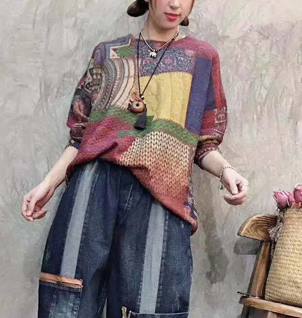 Национальный стиль 2019 осень и зима новый ретро свободный свитер с принтом