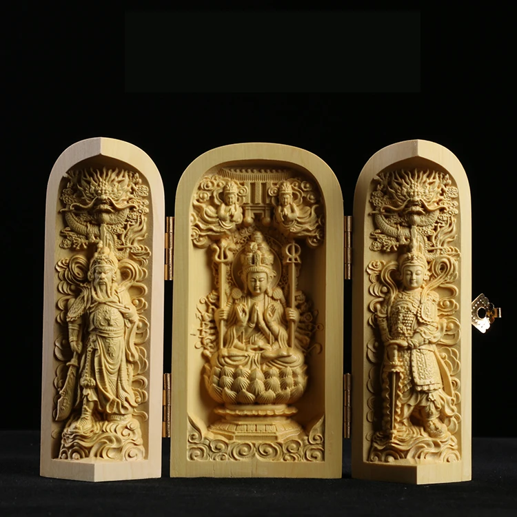 Скульптура Будды из самшита резьба три западных Сага Guanyin деревянная Будда Shrine Fu