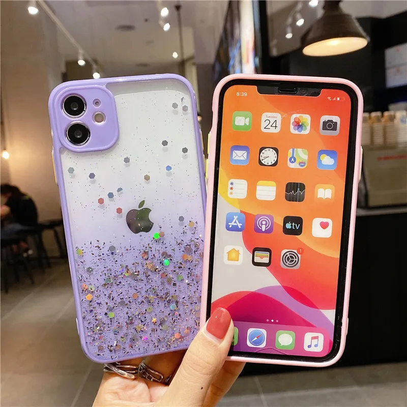 

Clear Laser Bling Glitter Sequin Lens Protected Phone Case For iPhone 11 12 Pro X XR XS Max 8 7 Plus SE 2020 Shockproof Back