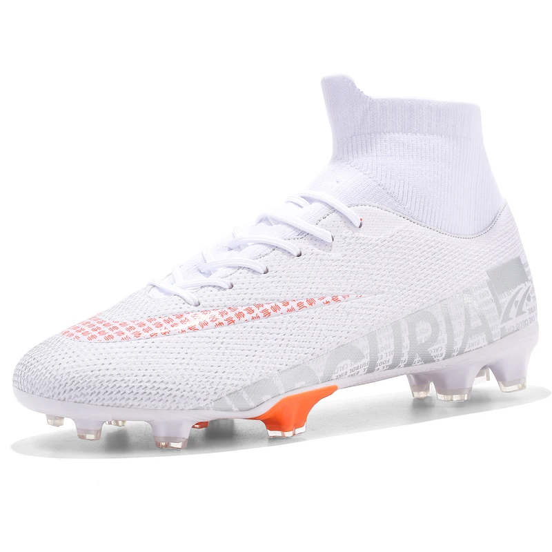 Футбольные бутсы с носками футбольные бутсы для молодежи синие белые мужские спортивные футбольные ботинки Нескользящие футбольные кроссовки для газона мальчиков - Цвет: White High AG